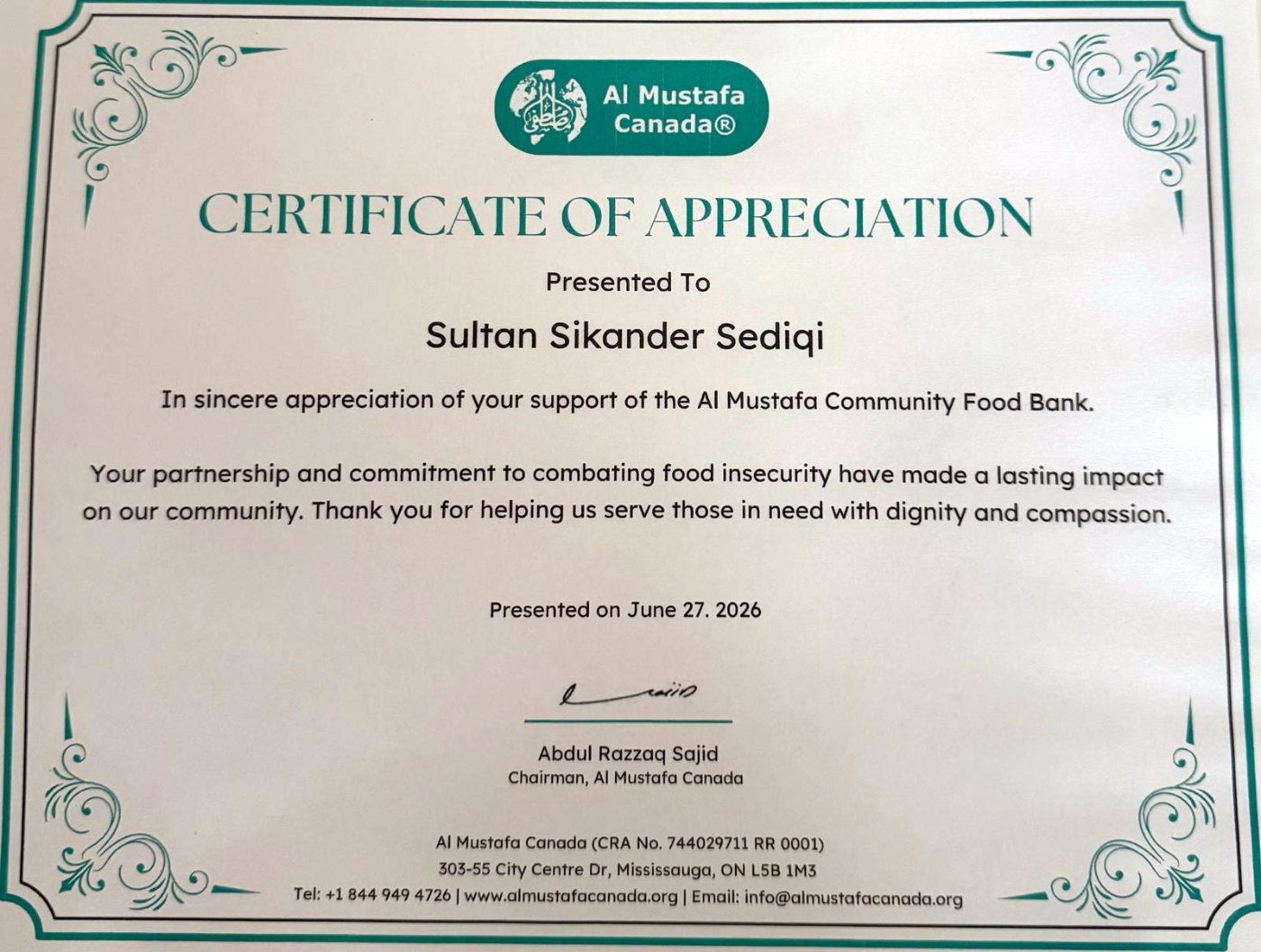 Certificate of Appreciation presented to Sultan Sikander Sediqi by Al Mustafa Canada for supporting the Al Mustafa Community Food Bank