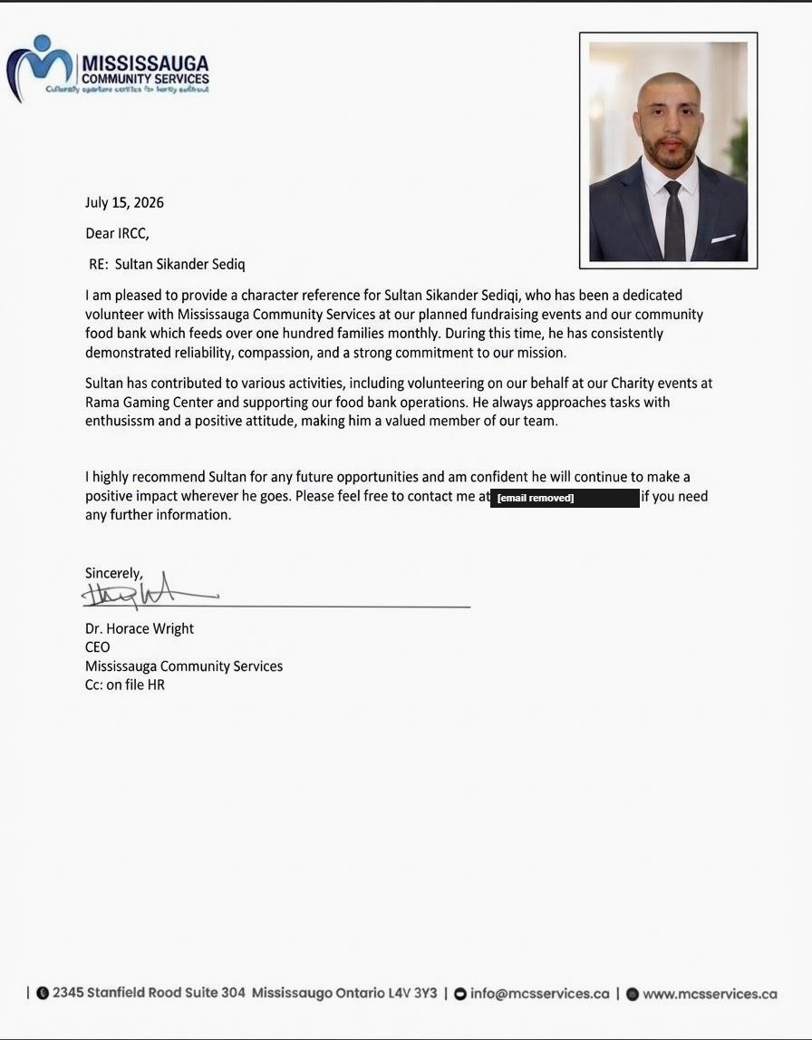 Letter of reference for Sultan Sikander Sediqi from Mississauga Community Services